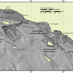 Map of offshore southern California showing the contours of the seafloor, with labels pointing to circles showing landslides.