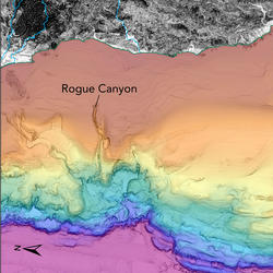 A map illustration of the seafloor off of a coastal area, that shows the features like submarine canyons and depth.