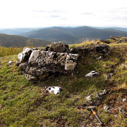 Half-meter-thick quartz veins cut across outcrops of granitic gneiss on Divide Mountain along the Alaska-Yukon border