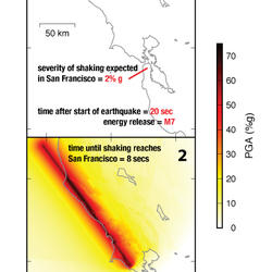 Two panels showing California map and red line for rupture of fault