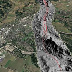 A Google Earth™ image showing the principal zone of faulting (in red) near the town of Healdsburg.