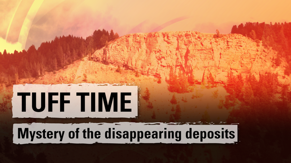 A rocky cap on a mountain, with text overlay reading "Tuff Time: Mystery of disappearing deposits" 