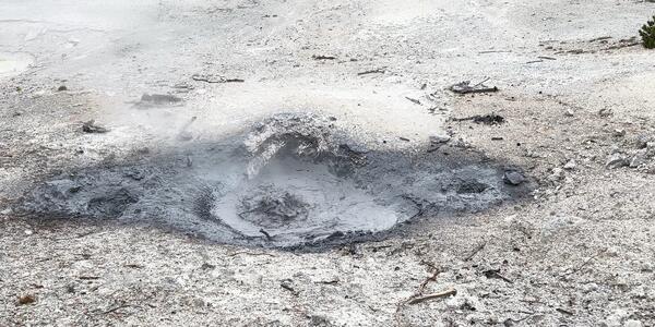 A small hole containing grayish muddy water, bubbling up from the center