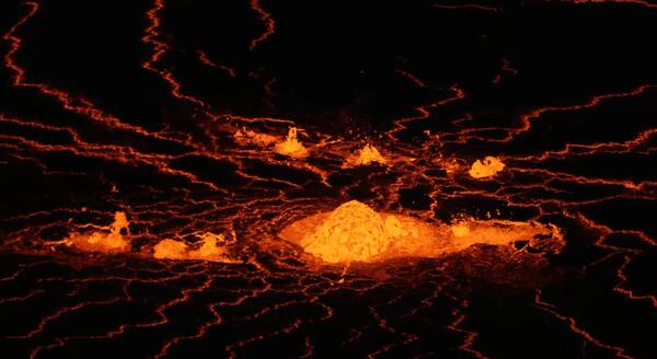 Color photograph of lava fountaining