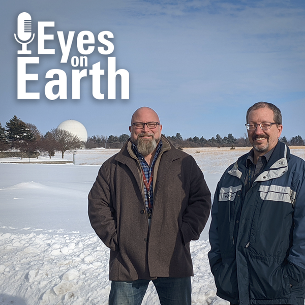 Logo on photo of two guys standing in front of a snow-covered area with a radome in the background