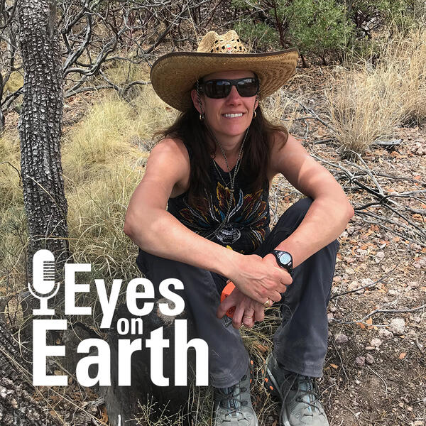 color image of Dr. Helen Poulos, with the graphic for the USGS EROS podcast Eyes on Earth