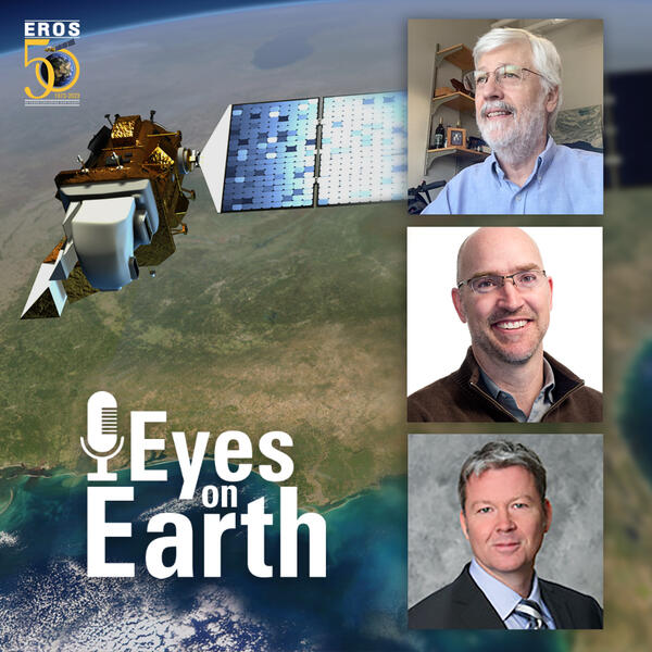 Logo with satellite and Earth in background, three male mugshots on the right side