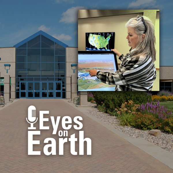 Logo with exterior of front entrance and photo inset of woman giving presentation