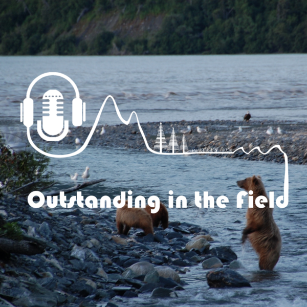 Outstanding in the Field Episode 11 Artwork with microphone and headset graphic overlaying image of brown bears in a river.