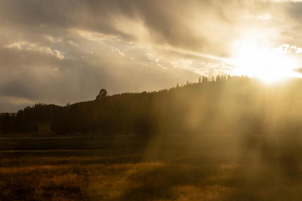 A sunset peaking out over a small, woody, hill.