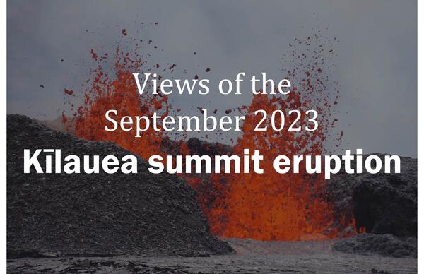 Color image of lava fountain with text over it