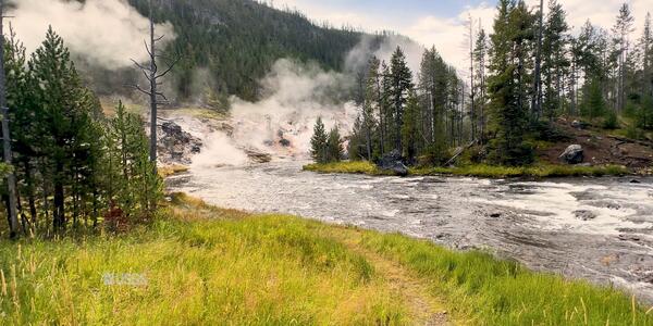 River flowing into the distance through trees on either side, with steam rising from geyser in the background on a hillside.