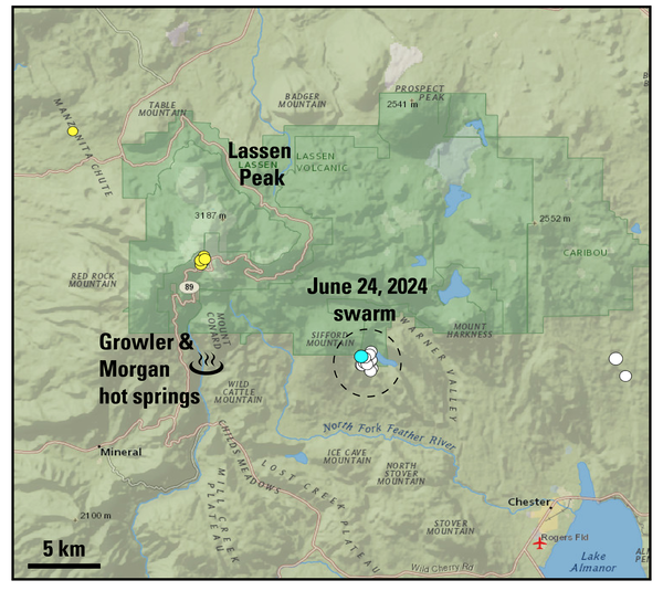 Shaded relief map showing Lassen Volcanic National Park, with Lassen Peak labeled in the northern portion of the map, Growler & Morgan hot springs to the southwest, and the June 24 2024 swarm to the southeast