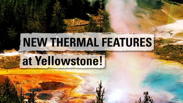 aerial view of Old Faithful erupting with new thermal features at yellowstone overlayed