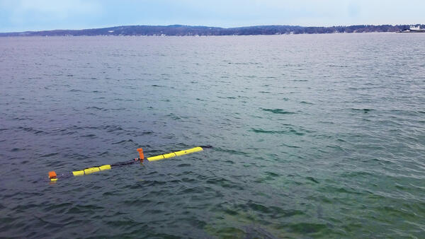 Autonomous Underwater Vehicle (AUV) floating in West Arm Grand Traverse Bay