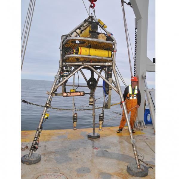 Instrument tripod deployed on the seafloor to measure waves, currents, near-bed turbulence, suspended-sediment concentrations, s