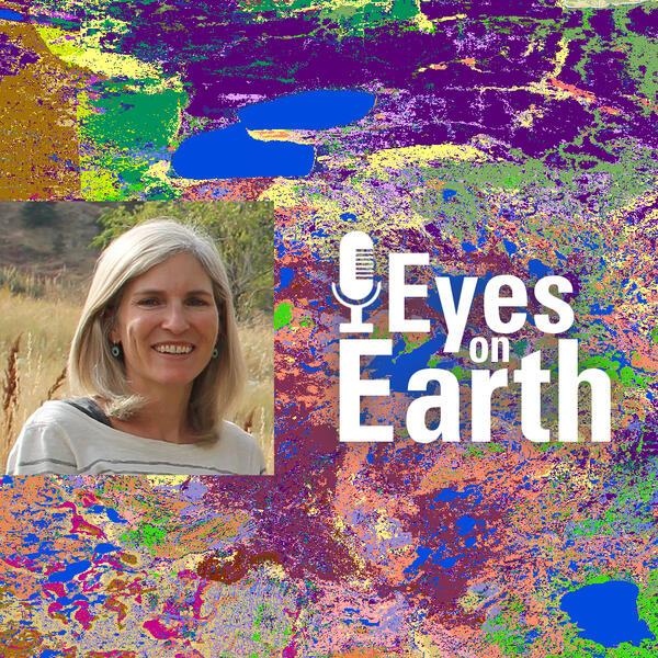 Color photo of Kori Blankenship with the logo for the USGS EROS podcast "Eyes on Earth"