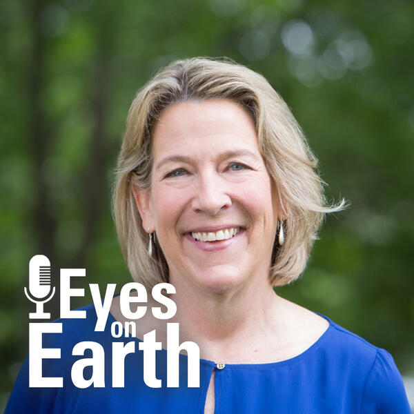 Color photo of Anne Hale Miglarese with the graphic for the USGS EROS podcast Eyes on Earth