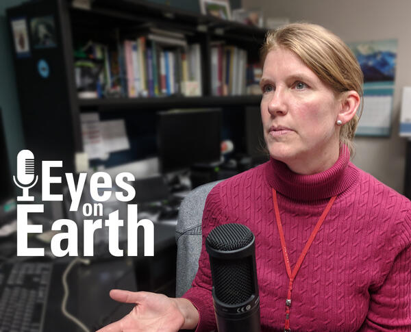 Color photo of Birgit Peterson with USGS EROS "Eyes on Earth" podcast graphic 