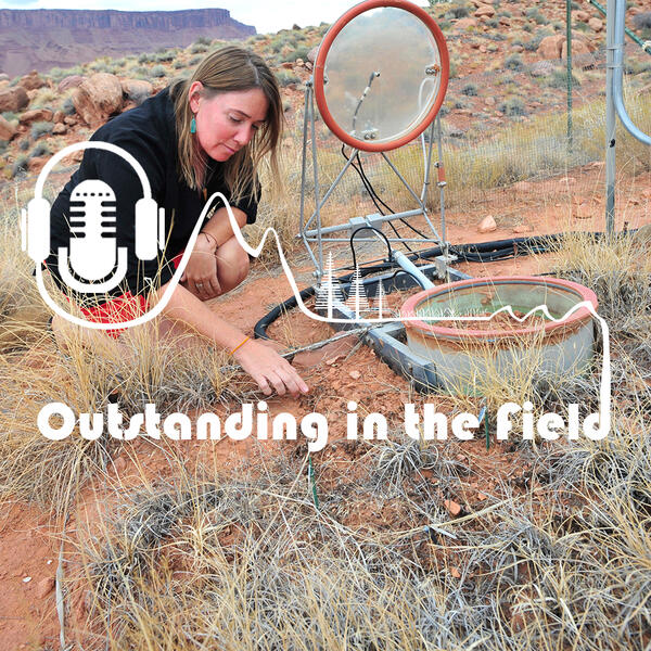 Outstanding in the Field - Episode 9 artwork. Scientist in the field studying biocrusts.