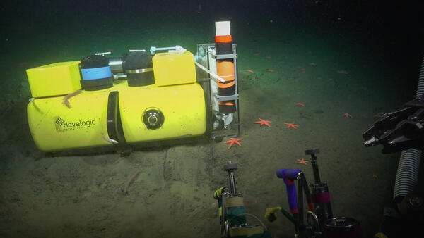 Image shows a large yellow lander sitting on the seafloor next to several starfish