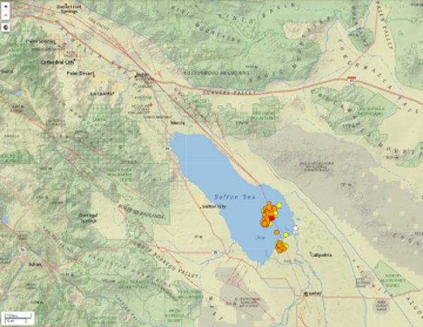 map of Salton Sea area showing earthquakes as circles