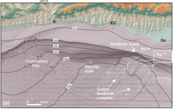 Labeled seafloor map shows the shaded depth and active faults offshore of a part of the California coast.