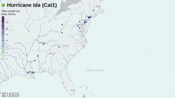 Animation showing rain totals and streamgage water levels during Hurricane Ida