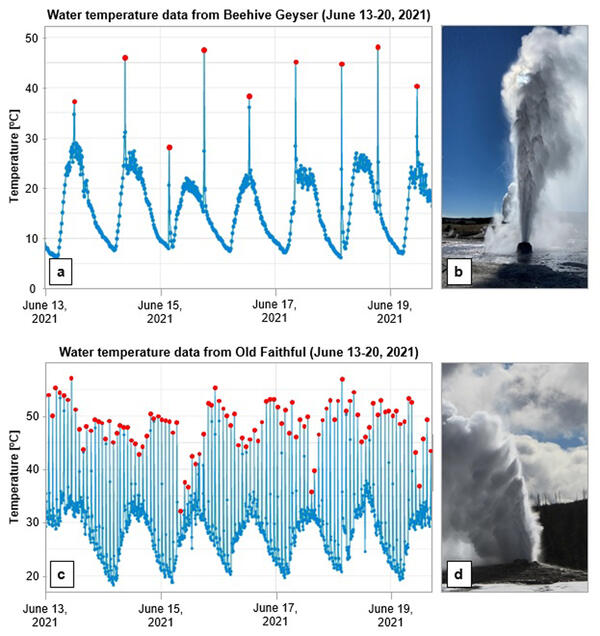 Different views of an eruption from two predictable geysers