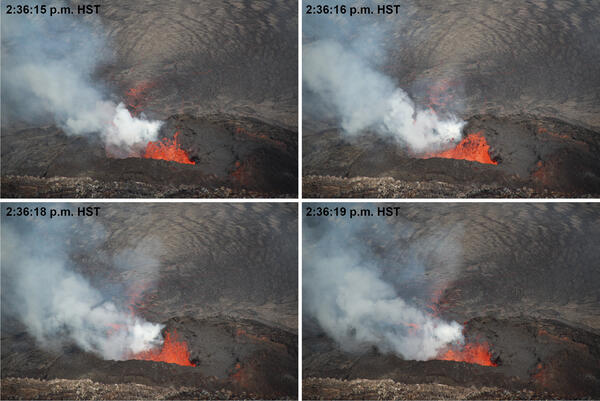 Four sequential images of a small lava fountain within a dark spatter cone, taken seconds apart 