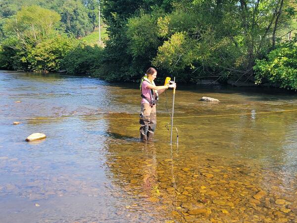 Kenna Grubb measuring on the Holston River