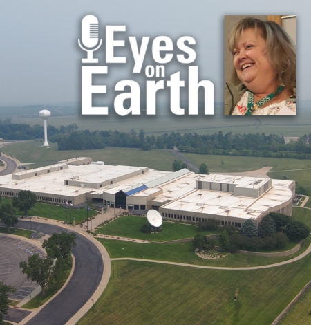 Image of EROS Center and Kristi Kline with Eyes on Earth graphic on top