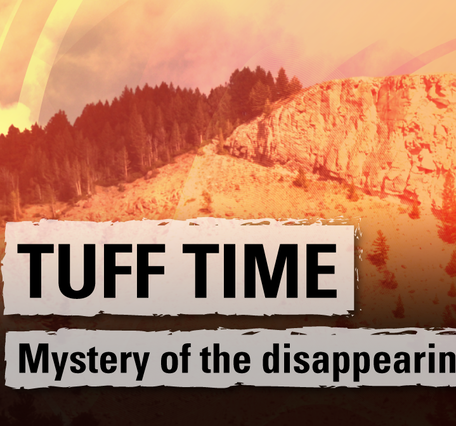 A rocky cap on a mountain, with text overlay reading "Tuff Time: Mystery of disappearing deposits" 