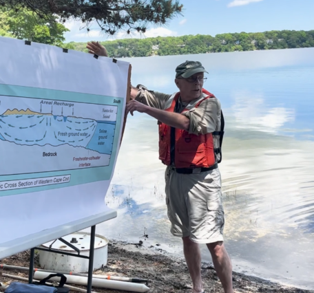 A man in a baseball cap and orange lifejacket stands in front of a lake and points to a sign.