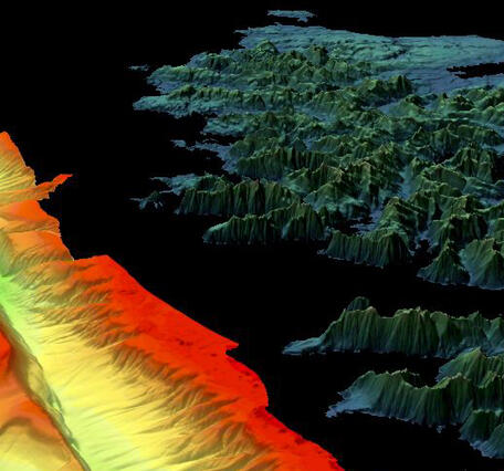 A computed-generated image showing the Queen Charlotte Fault and nearshore area, using bathymetry and lidar data