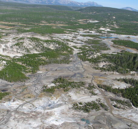 Aerial (balloon) view of Norris Geyser Basin, Yellowstone National Park, looking northwest from the south