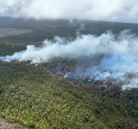 Color photograph of volcanic crater surrounded by forest and a fissure emitting volcanic gas