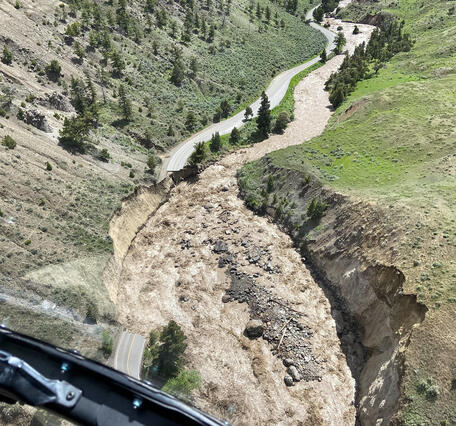 Damage to Yellowstone National Park north entrance road due to June 2022 flooding