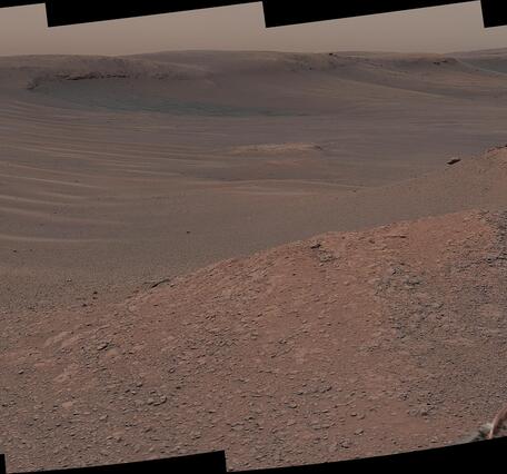 Color panorama of the Glen Torridon region of Gale crater, Mars. A small rise in the foreground is "Knockfarril Hill" and the ridge in the distance is "Vera Rubin Ridge."