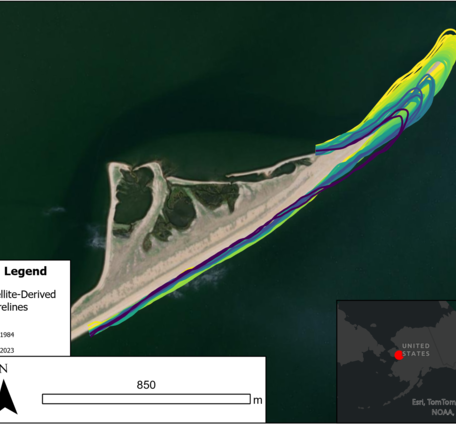 Satellite-derived shorelines for a barrier island east of Moses Point Fishing Village, Norton Sound, Alaska