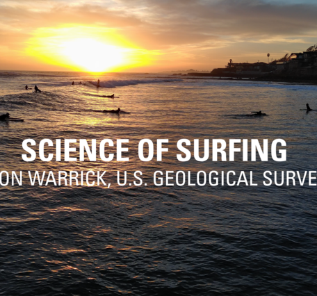 Aerial image of surfers at sunset in Santa Cruz