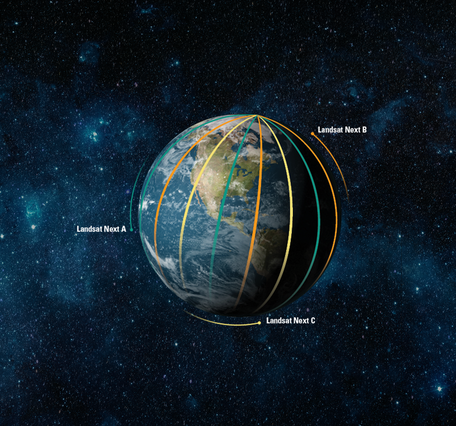 Image depiction of Landsat Next's three satellites in orbit