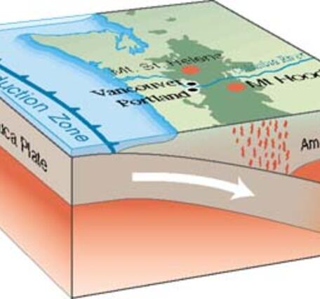 Block diagram showing the Juan de Fuca Plate being subducted under the North America Plate and creating the Mt. St. Helens and Mt. Hood volcanoes.