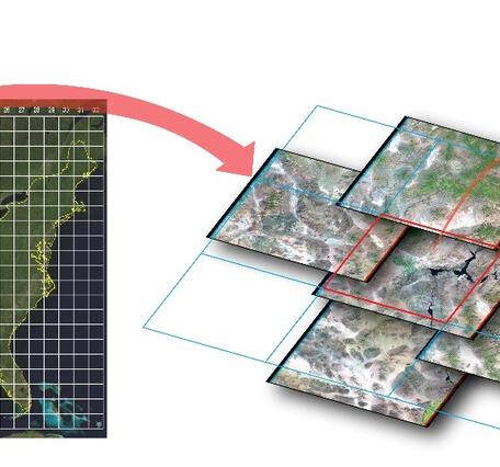 Example visualization of U.S. Landsat Analysis Ready Data tile-based structure and time-series stacking.