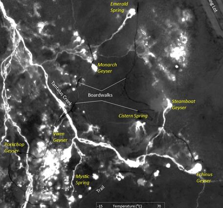 This is an airborne thermal infrared image of a portion of Norris Geyser Basin.