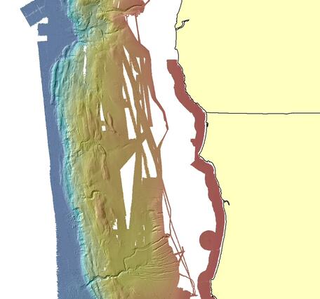 Illustration looking down on a coastal margin with ocean floor features shown off the coast.