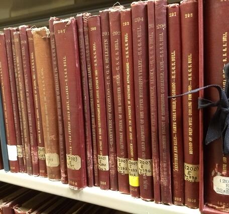 USGS publications on a library shelf