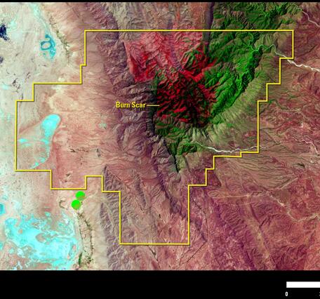 Image shows a satellite view of Guadalupe Mountains National Park after a wildfire