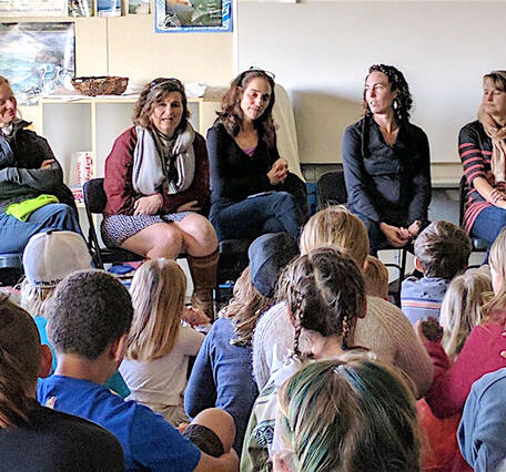 5 women in casual clothes sit near a wall talking to a group of children sitting on the floor, whose backs are to the camera