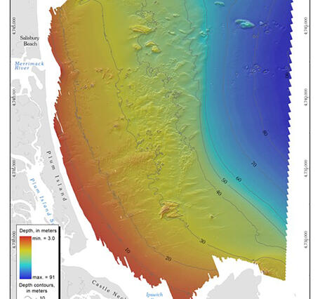 shaded-relief bathymetry image of the sea floor offshore of northeastern Massachusetts between Cape Ann and Salisbury Beach 